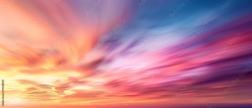 Obraz premium Vibrant twilight skies, swirling hues of pink and orange blend into cool blues, evoking a sense of calm as day transitions into night, nature’s serene masterpiece displayed.