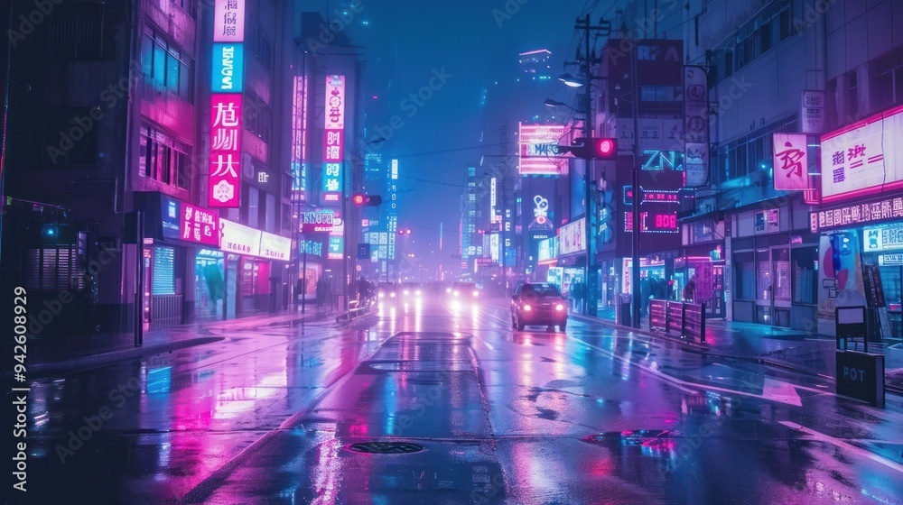 Neon lights reflecting in the wet asphalt of a city street. Neon lights reflecting in the wet asphalt of a city street.