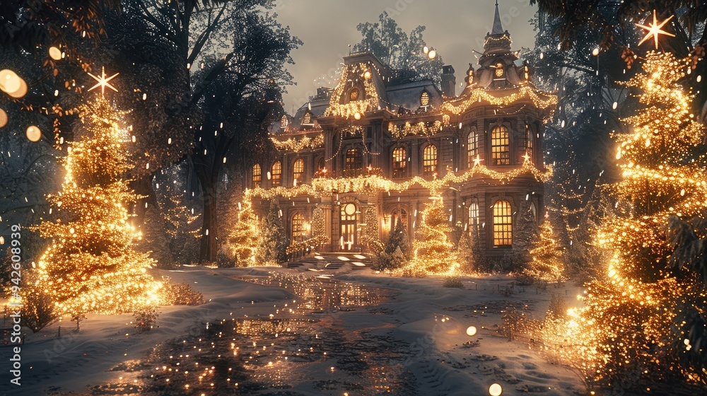 An opulent forest mansion with Christmas trees adorned with shimmering golden garlands falling gracefully from the sky. Generative AI.