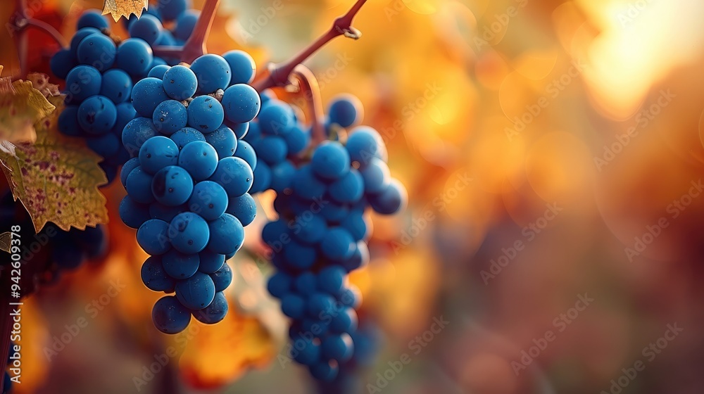 Naklejka premium Vineyard with blue grapes hanging on the branches, vine leaves in autumn, blurred background of a wine field. Generative AI.