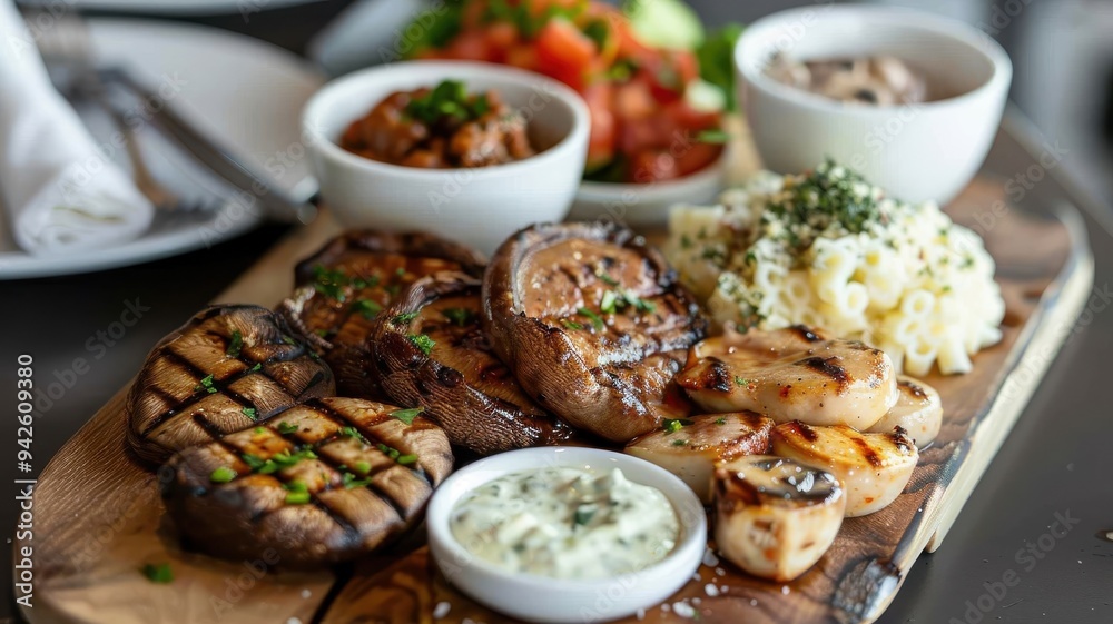 A colorful vegetarian platter featuring a variety of mushroom dishes. A colorful vegetarian platter featuring a variety of mushroom dishes.