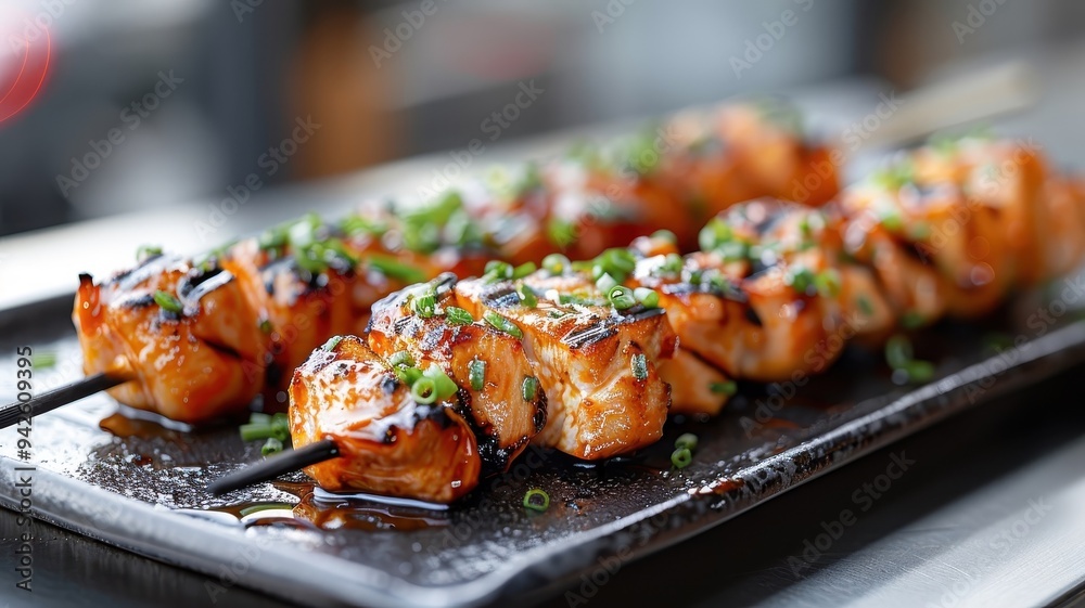 A skewer of yakitori, grilled chicken and scallions, ready to be eaten. A skewer of yakitori, grilled chicken and scallions, ready to be eaten.