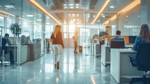 A professional office with employees working in cubicles. Generative AI.