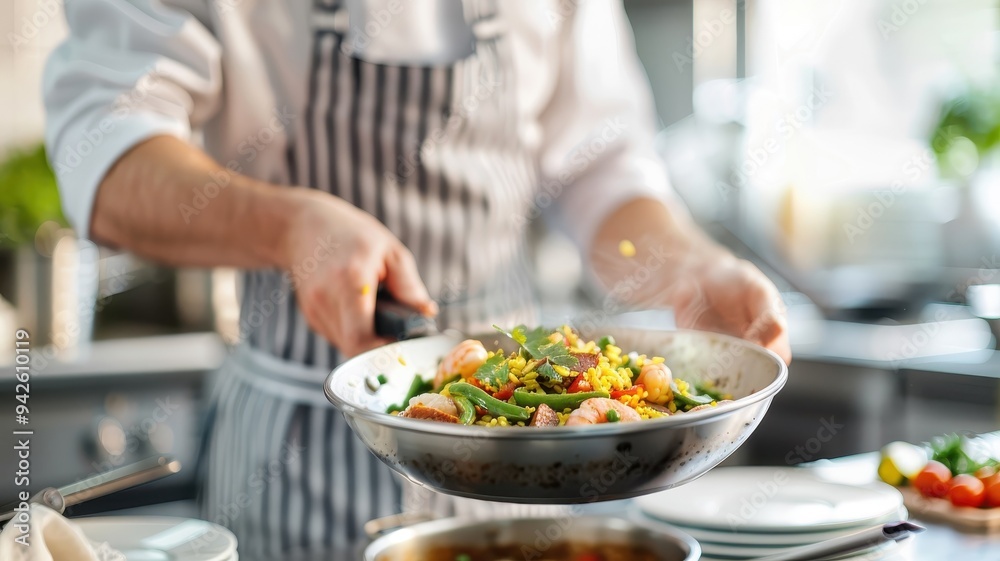 A vibrant paella pan overflowing with saffron rice and seafood. (Thai) กระทะ paella A vibrant paella pan overflowing with saffron rice and seafood. (Thai) กระทะ paella