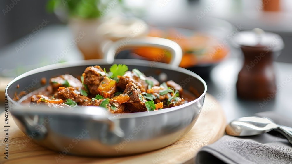 A colorful Indian vindaloo, a rich and complex curry dish with fiery chilies and spices. A colorful Indian vindaloo, a rich and complex curry dish with fiery chilies and spices.