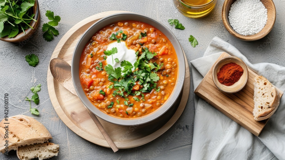 A hearty bowl of lentil soup with smoked paprika, cumin, yogurt, and cilantro. A hearty bowl of lentil soup with smoked paprika, cumin, yogurt, and cilantro.