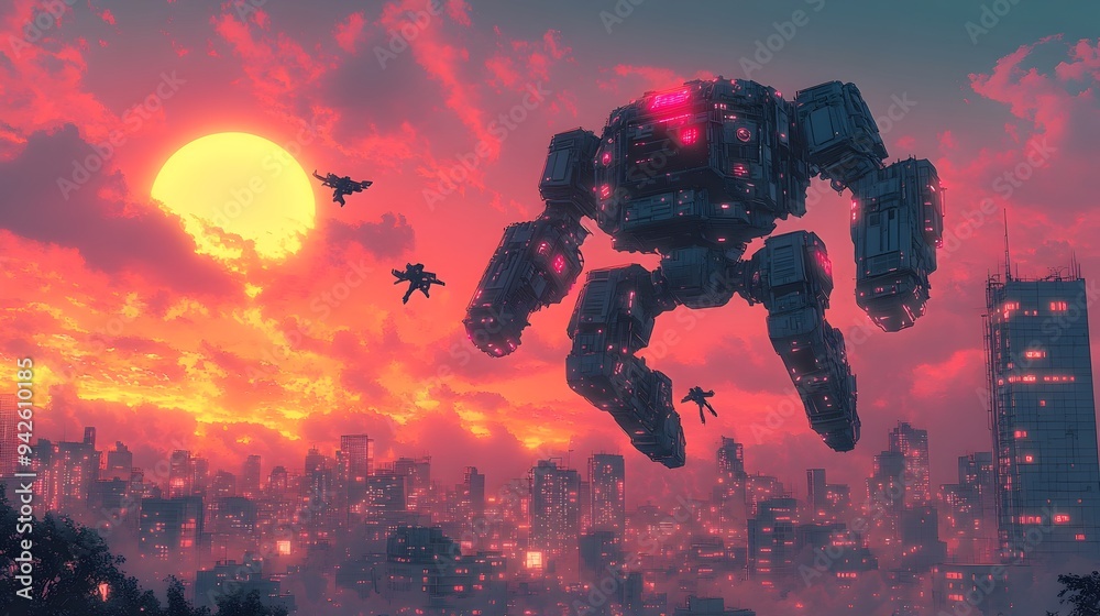 Fototapeta premium Colossal Mecha Performing Acrobatic Aerial Stunts Over Neon-Lit City
