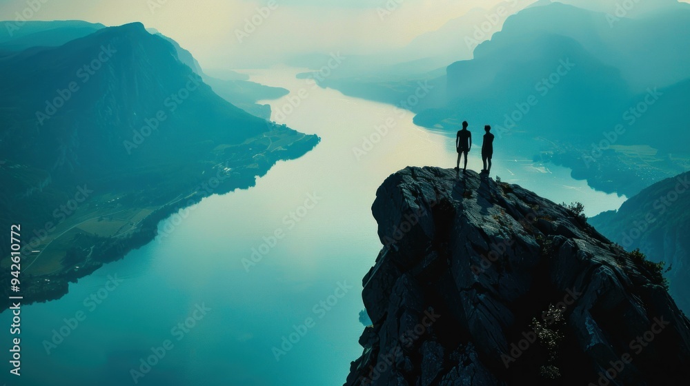Two People Standing on a Clifftop Overlooking a Winding River. Two People Standing on a Clifftop Overlooking a Winding River.