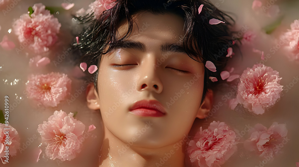 Young man with closed eyes in a bath surrounded by pink flowers. Young man with closed eyes in a bath surrounded by pink flowers.