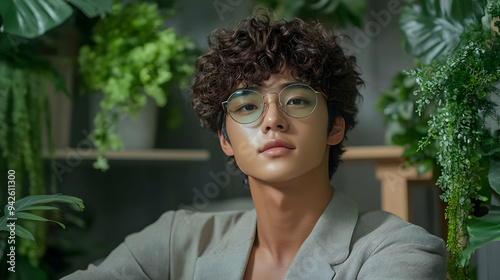 Young man with curly hair a...