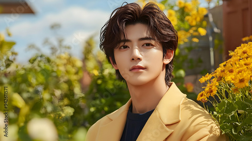 Young man with dark hair an...