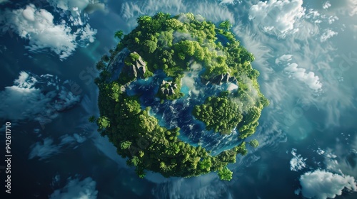 Miniature lush island surrounded by vibrant blue waters, elevated perspective reveals dense greenery, rocky formations, and scattered clouds enhancing the serene beauty.