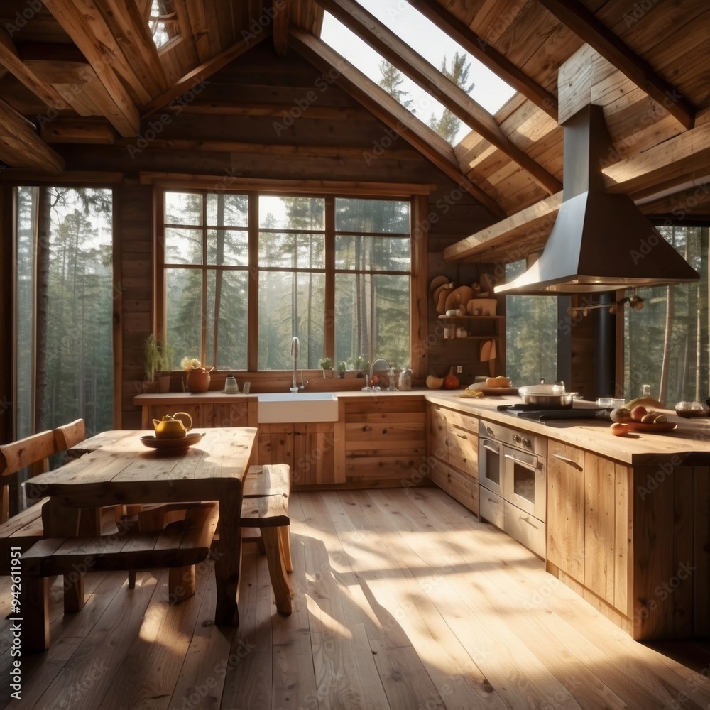 Wooden Kitchen with Large Windows Overlooking a Forest Wooden Kitchen with Large Windows Overlooking a Forest