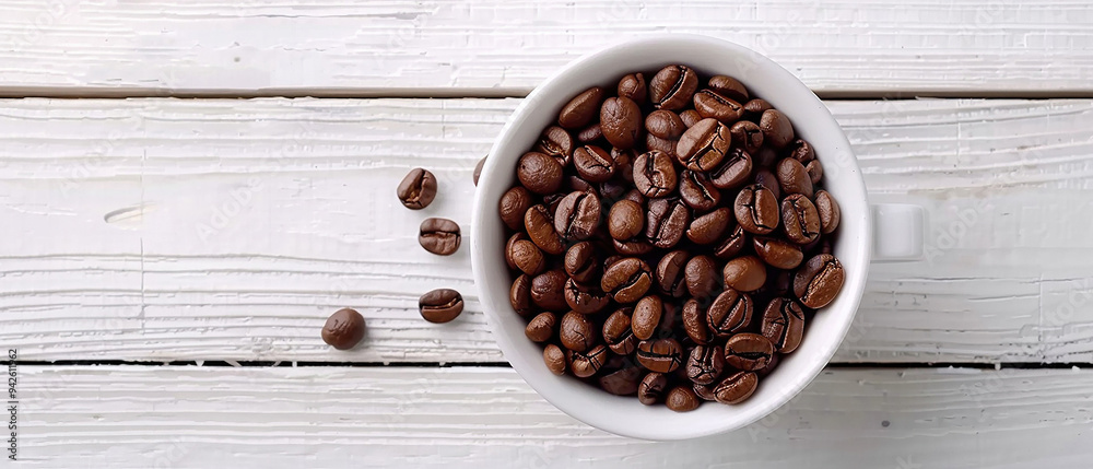 Roasted coffee bean in white wooden background Roasted coffee bean in white wooden background
