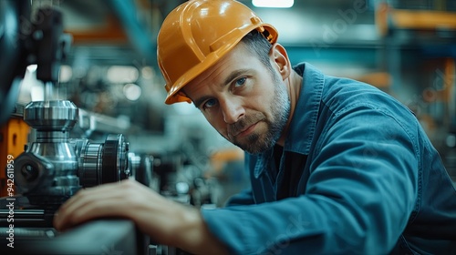 Male engineer metalworker industrial experienced operator technician worker in safety hard helmet working on lathe machine