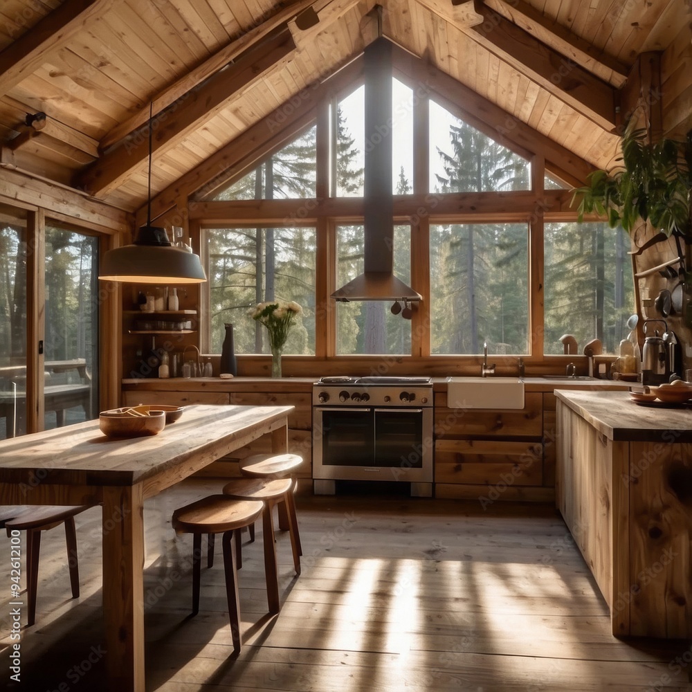 Obraz premium Wooden Cabin Kitchen with Large Window and Sunbeams