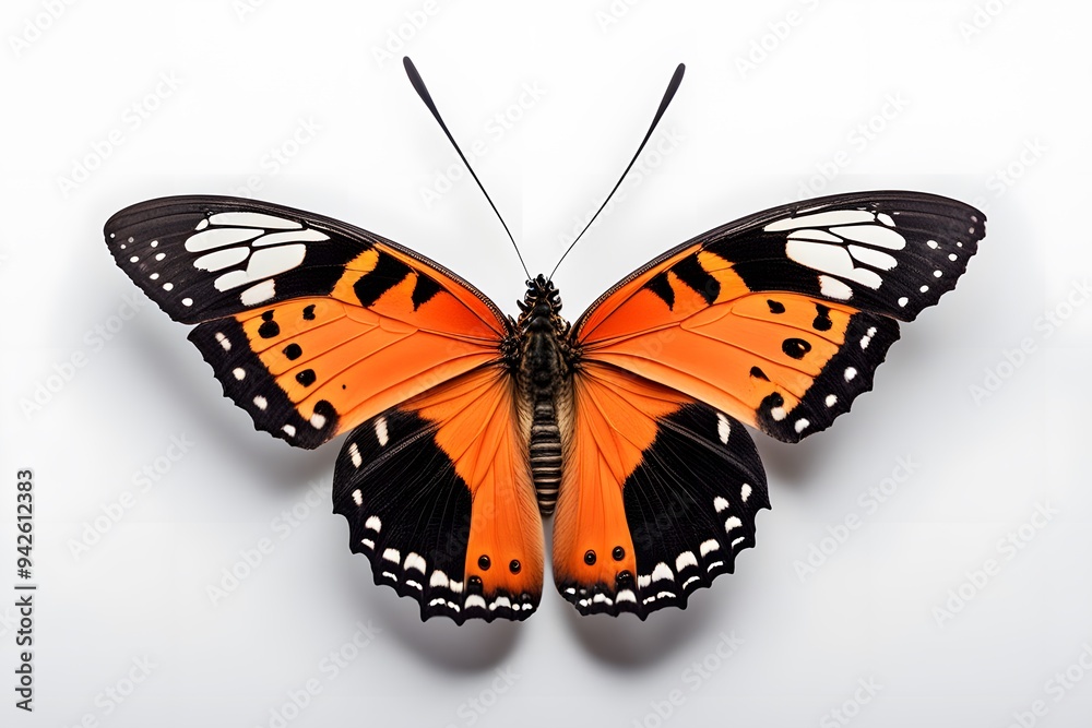 Fototapeta premium A striking orange and black butterfly with detailed wing textures on a white background, AI Generated