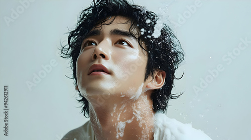 Young man with wet hair and...