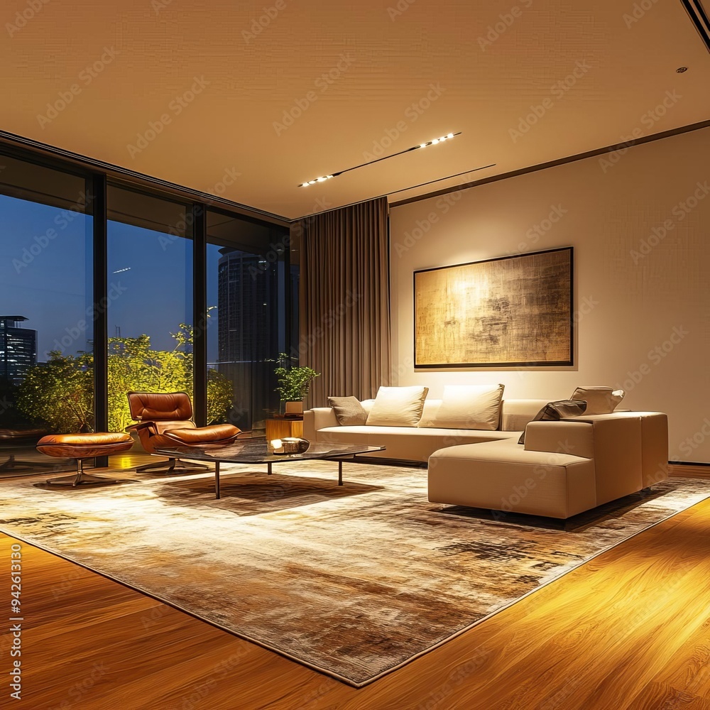 Fototapeta premium Modern living room interior with warm lighting, elegant furniture, and large windows offering a view of the cityscape at dusk.