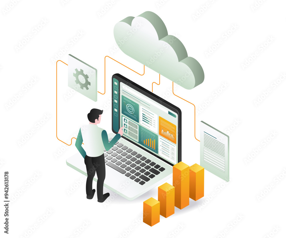 A man sitting at a desk, focused on his laptop screen displaying a cloud icon A man sitting at a desk, focused on his laptop screen displaying a cloud icon