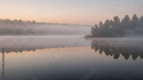 Drifting fog over a still lake at dawn, foggy weather, calm and ethereal