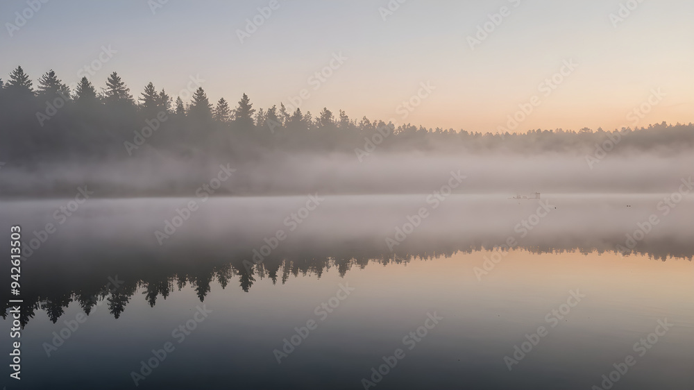 Drifting fog over a still lake at dawn, foggy weather, calm and ethereal Drifting fog over a still lake at dawn, foggy weather, calm and ethereal