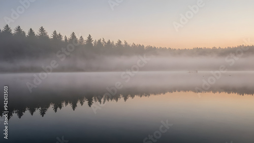 Drifting fog over a still lake at dawn, foggy weather, calm and ethereal