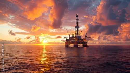 A large oil rig platform in the sea, with a crane loading cargo onto a ship at the industrial port, showcasing maritime industry operations