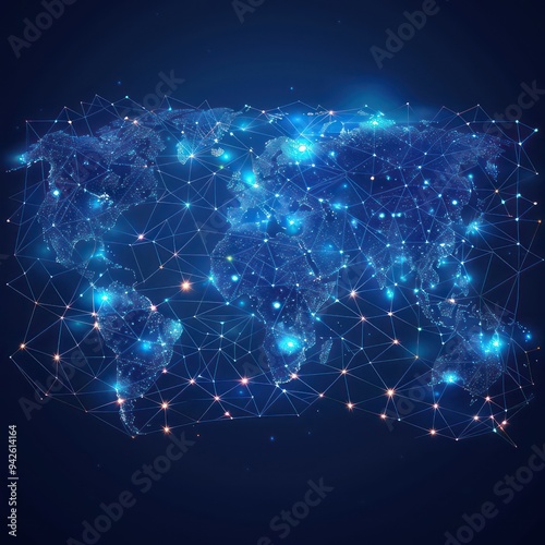 A blue futuristic background featuring a world map and planet Earth, symbolizing the expansion of global social networks and future technological advancements.