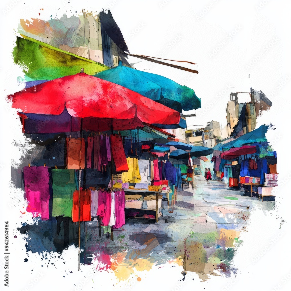 Obraz premium watercolor painting of a street market with vibrant fabric and clothing stalls, on isolated white background