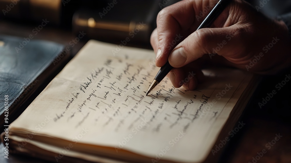 A close up shot of a hand writing intently in a traditional ledger book with plenty of open copy space available for adding text or graphics The image conveys the concepts of organization A close up shot of a hand writing intently in a traditional ledger book with plenty of open copy space available for adding text or graphics The image conveys the concepts of organization