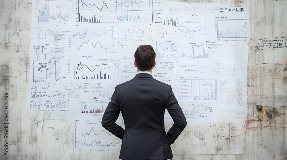 Businessman standing in front of a whiteboard explaining financial strategies and business plans to a team during a corporate meeting or training session with copy space for text Businessman standing in front of a whiteboard explaining financial strategies and business plans to a team during a corporate meeting or training session with copy space for text