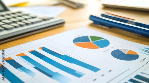 Financial report with bar graphs and pie charts displayed on a desk in an office setting providing visual data and analytics with copy space for text overlay