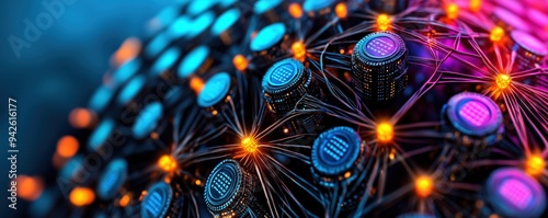 Abstract technology background featuring interconnected nodes and glowing lights, representing innovation and digital connectivity.