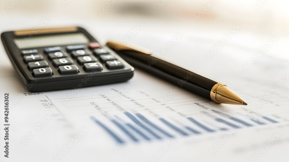 Closeup view of a calculator and pen placed on a balance sheet or financial document isolated against a clean white background Concept of financial accounting analysis Closeup view of a calculator and pen placed on a balance sheet or financial document isolated against a clean white background Concept of financial accounting analysis