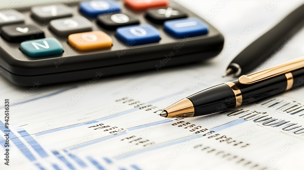 A minimalist still life scene featuring a calculator and a pen placed on a balance sheet or financial document isolated on a plain white background The image represents the concepts of finance A minimalist still life scene featuring a calculator and a pen placed on a balance sheet or financial document isolated on a plain white background The image represents the concepts of finance