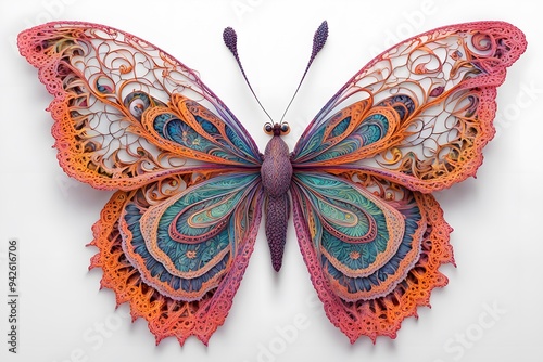 A vibrant butterfly with intricate lace like patterns on a white background, AI Generated