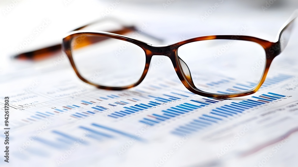 Close up view of a pair of eyeglasses resting on top of a financial report isolated against a clean white background This image represents the concepts of business data analysis accounting Close up view of a pair of eyeglasses resting on top of a financial report isolated against a clean white background This image represents the concepts of business data analysis accounting