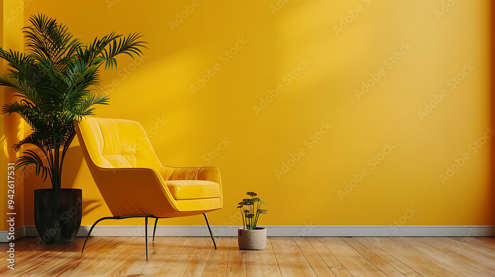 A yellow armchair sits in a minimalist living room with a large potted plant in the corner and a small potted plant next to the chair. The yellow walls and wood floors create a warm and inviting space A yellow armchair sits in a minimalist living room with a large potted plant in the corner and a small potted plant next to the chair. The yellow walls and wood floors create a warm and inviting space