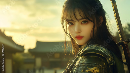 Young woman warrior in traditional armor with sword in hand, looking intensely at the camera, against a sunset backdrop. photo