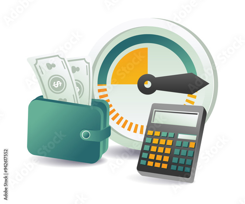 A wallet with a calculator and cash on a money calculator