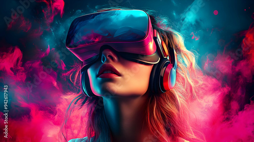 Young woman wearing VR head...