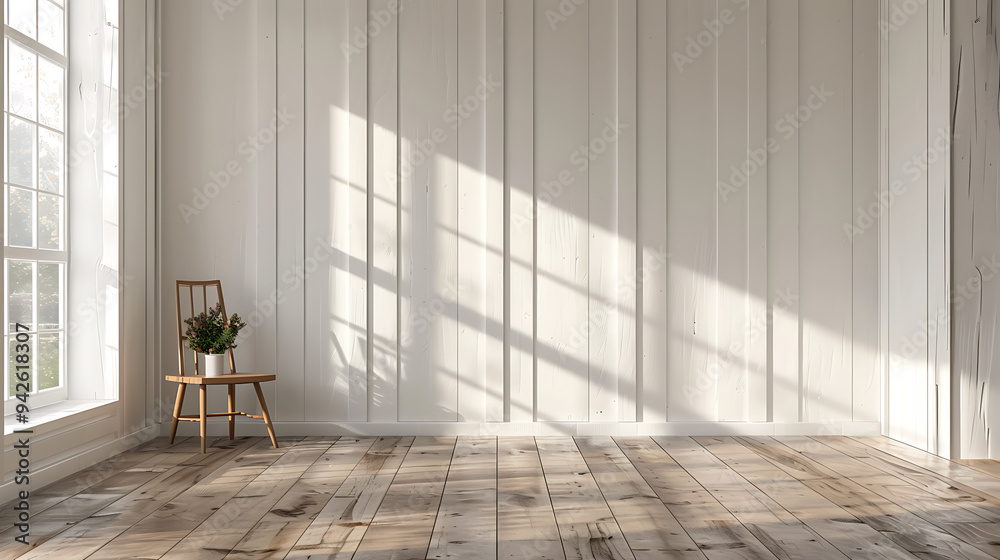 Fototapeta premium A single wooden chair sits in a bright and airy room with white walls and wood floors. Sunlight streams through the window, creating long shadows across the room.