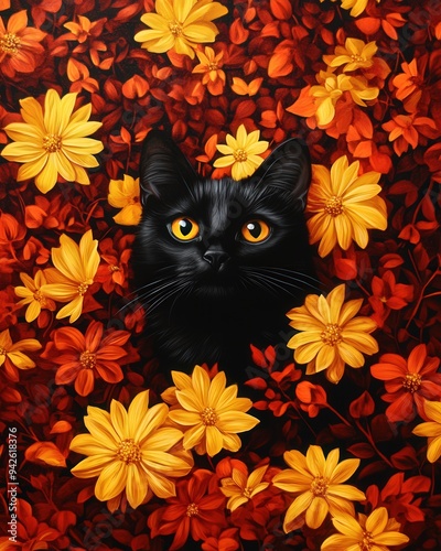 A black cat emerges from a vibrant garden, surrounded by golden flowers, creating a striking contrast in this captivating artwork.