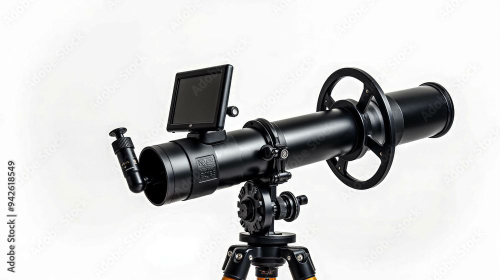 A black telescope set on a stable tripod, featuring a digital display for enhanced stargazing experiences. Ideal for both beginners and enthusiasts exploring the night sky A black telescope set on a stable tripod, featuring a digital display for enhanced stargazing experiences. Ideal for both beginners and enthusiasts exploring the night sky