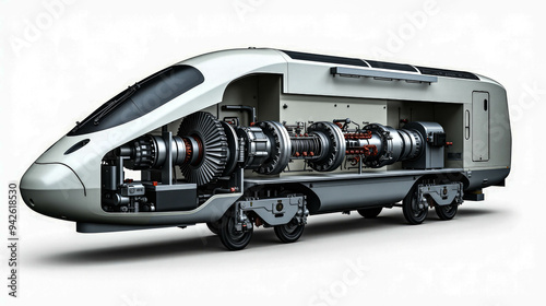 A cross-section view reveals the intricate turbine mechanics and streamlined design of a modern train, emphasizing its innovative engineering and efficiency