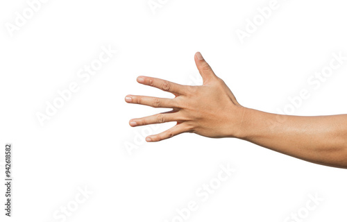 Man hand reaching out and showing five fingers gesture isolated on white background. Clipping Path