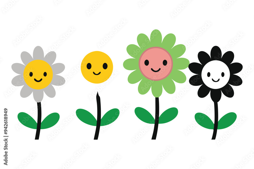 Cute Cartoon Daisy with a Smiling Face and Colorful Petals Cute Cartoon Daisy with a Smiling Face and Colorful Petals