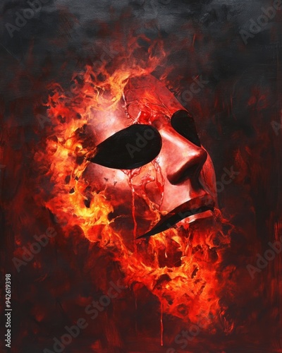 A dramatic artwork featuring a masked face engulfed in fiery flames, symbolizing emotion and transformation. photo