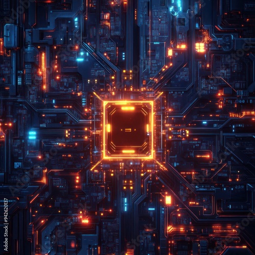 Futuristic Circuit Board with Glowing Lines and a Central Processor